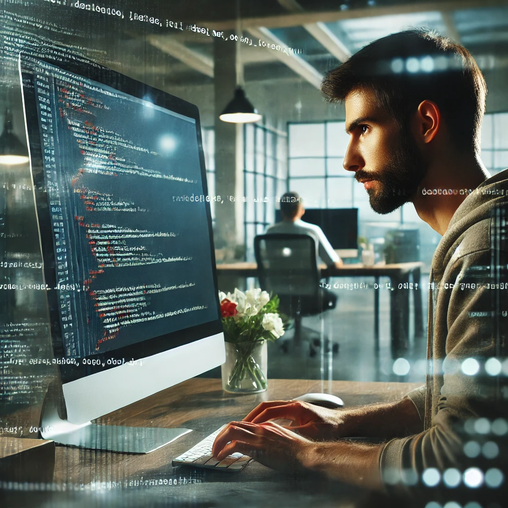 DALL·E 2024 12 19 15.30.50 A close up of a software developer deeply focused on writing code on a large monitor in a modern workspace. The scene includes subtle reflections of c