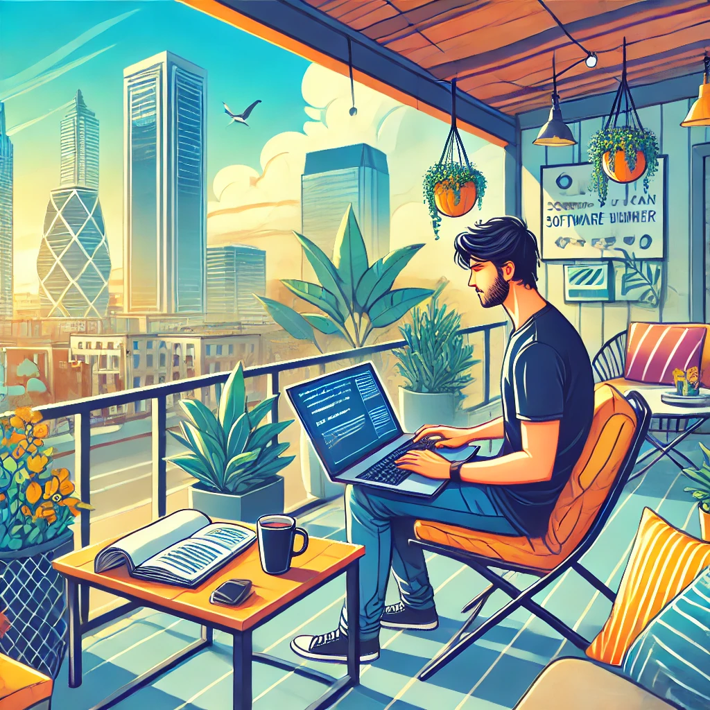 DALL·E 2024 12 19 15.49.31 A vibrant outdoor scene featuring a Latin American software developer working remotely from a terrace with a laptop. The setting includes a cityscape